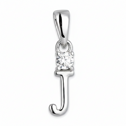 A sterling silver initial pendant charm shaped like the letter 'J', featuring a single round clear gemstone in a prong setting near the top.