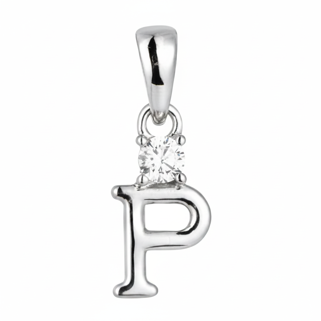 A silver letter 'P' initial pendant charm with a small clear round gemstone at the top, shown on a plain white background.