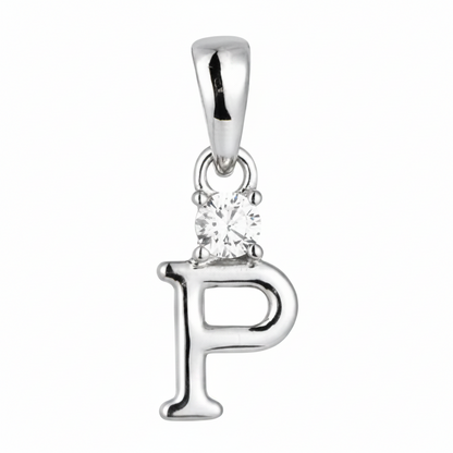 A silver letter 'P' initial pendant charm with a small clear round gemstone at the top, shown on a plain white background.