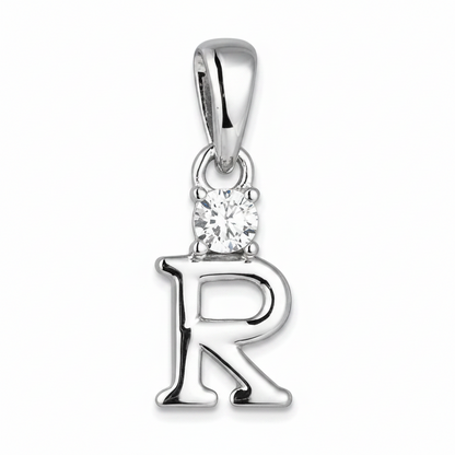A silver letter 'R' initial pendant charm with a small clear gemstone set in the top loop, shown on a plain white background.