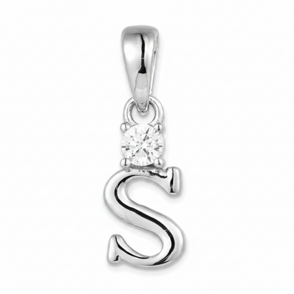 A sterling silver initial pendant shaped like the letter 'S', featuring a small clear round-cut gemstone at the top, set against a plain white background.