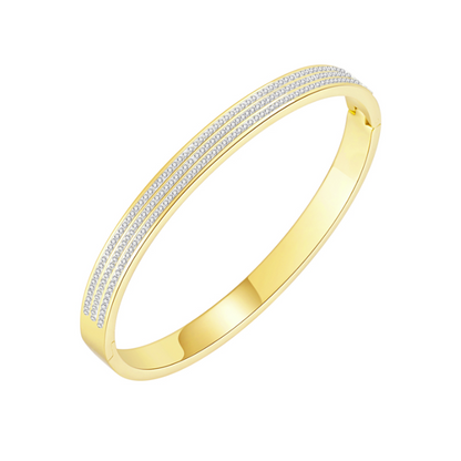 6mm yellow gold bangle bracelet featuring two parallel rows of small clear pavé-set stones along the outer band, shown on a plain white background.