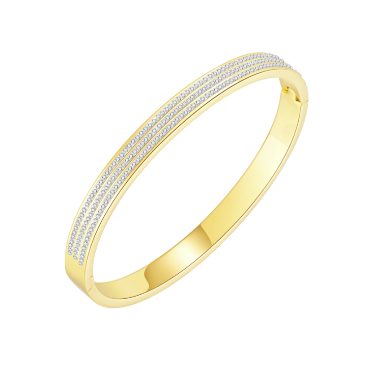 6mm yellow gold bangle bracelet featuring two parallel rows of small clear pavé-set stones along the outer band, shown on a plain white background.