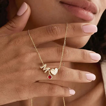 gold M red birthstone heart initial necklace