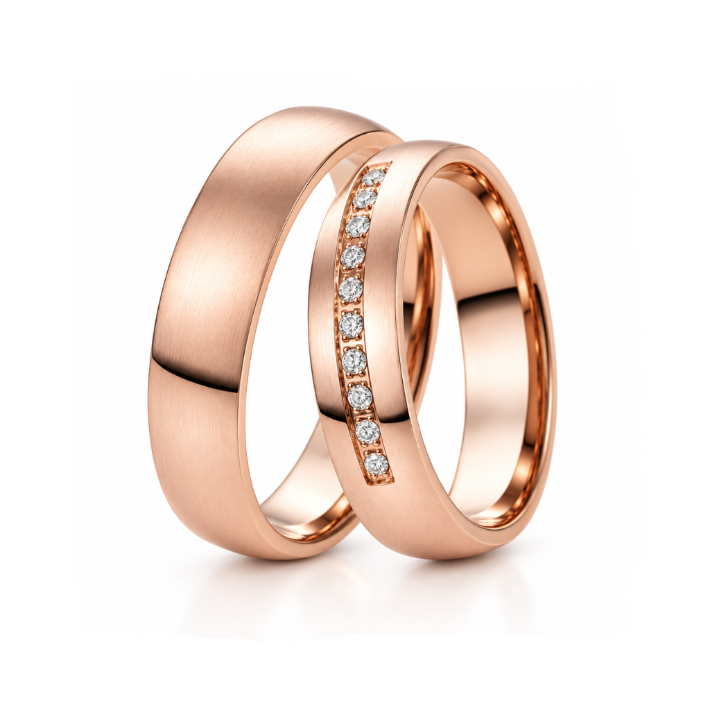 Two rose gold wedding bands, one plain and one featuring a channel-set row of clear cubic zirconia stones, shown on a white background.
